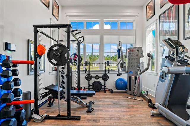 workout area with hardwood / wood-style flooring