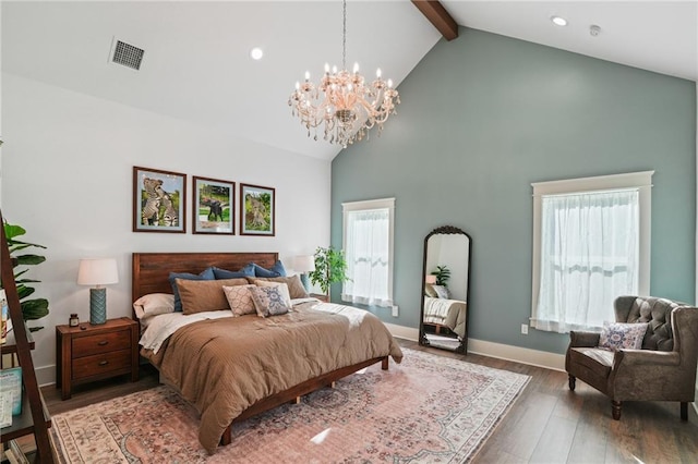 bedroom with beam ceiling, high vaulted ceiling, dark hardwood / wood-style floors, and a notable chandelier