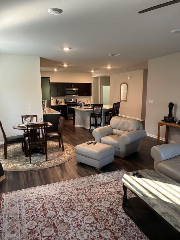 living room featuring dark hardwood / wood-style flooring and sink