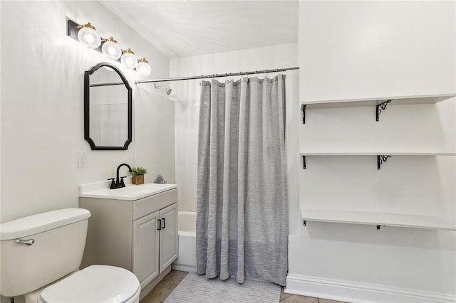 full bathroom with tile patterned floors, vanity, toilet, and shower / bath combo with shower curtain