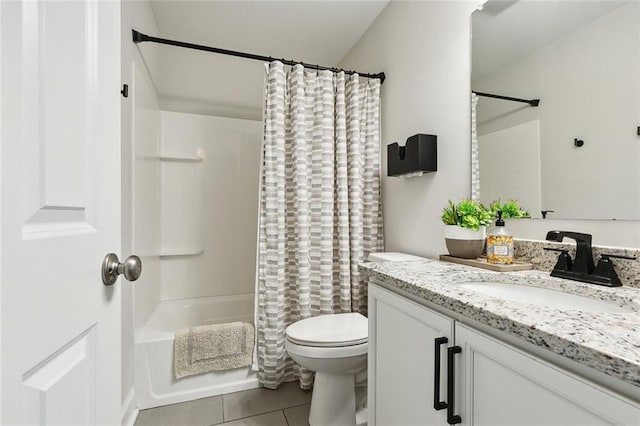 full bathroom with tile patterned flooring, vanity, toilet, and shower / bathtub combination with curtain