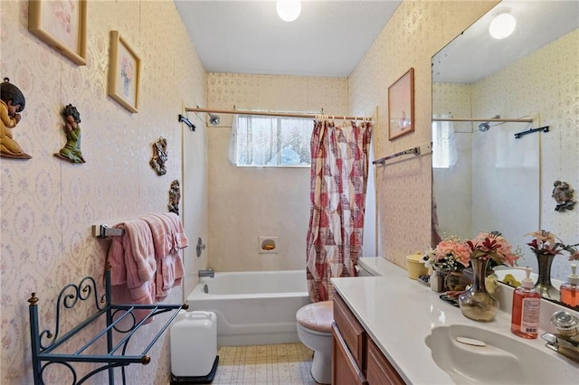 full bathroom with vanity, shower / bath combination with curtain, and toilet