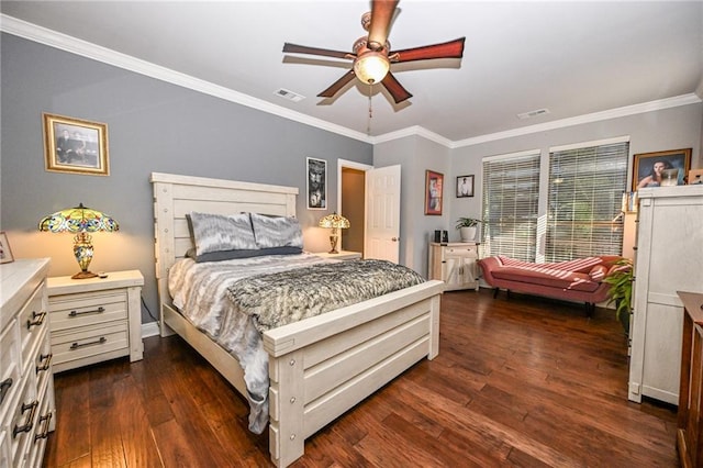 bedroom with crown molding, ceiling fan, and dark hardwood / wood-style floors