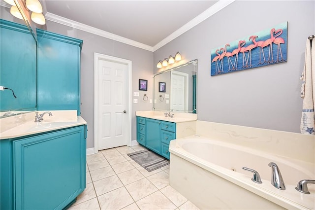 bathroom featuring ornamental molding, a bath, tile patterned floors, and vanity