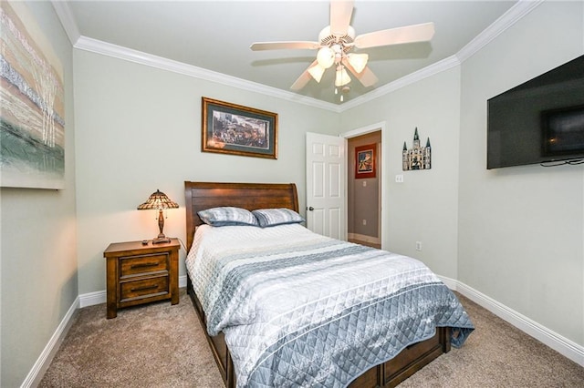 bedroom with ceiling fan, ornamental molding, and light carpet