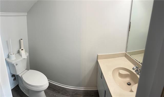 bathroom featuring hardwood / wood-style flooring, vanity, and toilet