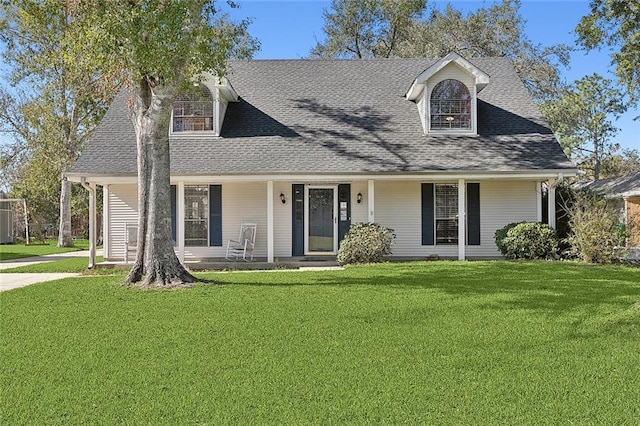 cape cod-style house with a front yard and a porch