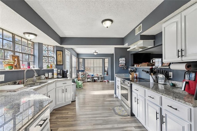 kitchen with stainless steel range with electric stovetop, white cabinets, sink, light wood-type flooring, and light stone counters