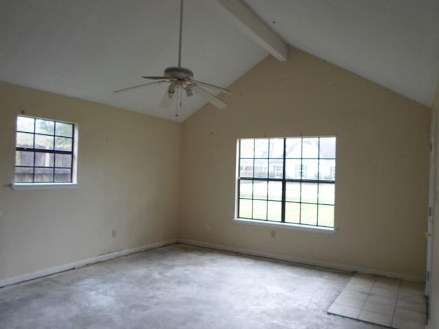 spare room featuring ceiling fan, beam ceiling, and high vaulted ceiling