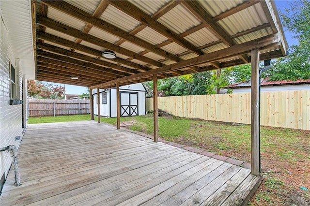 wooden deck with a storage unit