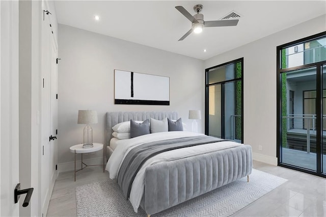 bedroom featuring access to outside and ceiling fan