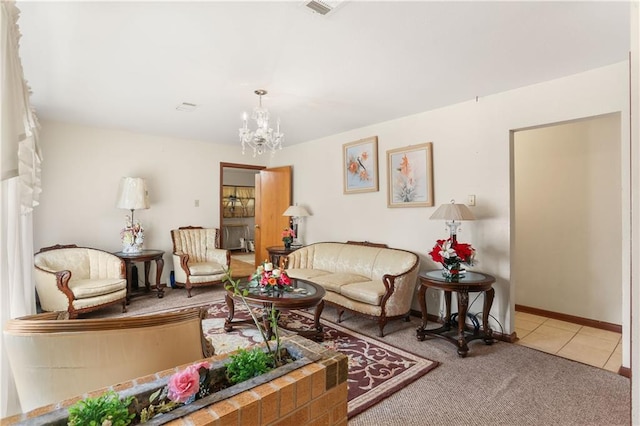 6301 S Rocheblave St, New Orleans, LA 70125 - carpeted living room with a chandelier and tile patterned flooring