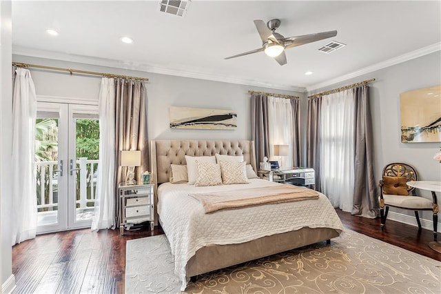 bedroom with french doors, access to outside, ceiling fan, crown molding, and hardwood / wood-style flooring