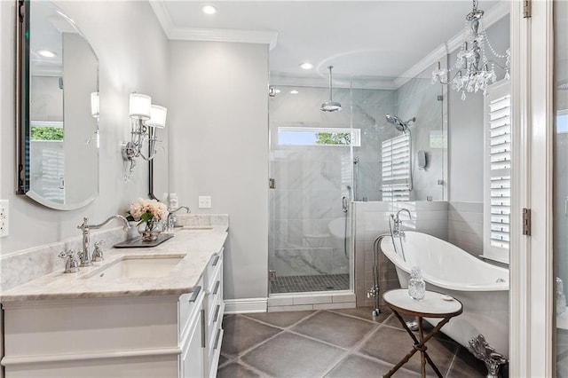 bathroom with plus walk in shower, tile patterned flooring, a wealth of natural light, and ornamental molding