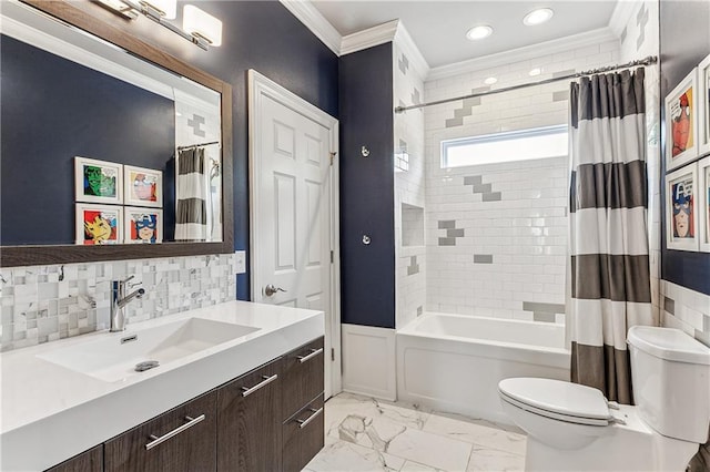 full bathroom featuring decorative backsplash, shower / tub combo, toilet, and ornamental molding