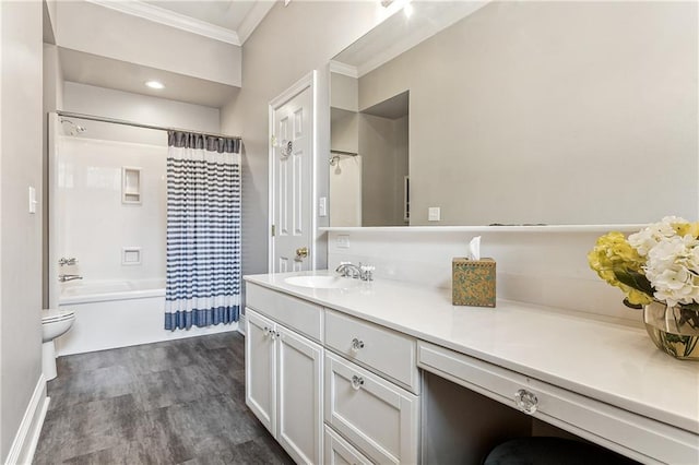 full bathroom featuring shower / bathtub combination with curtain, ornamental molding, toilet, vanity, and hardwood / wood-style flooring