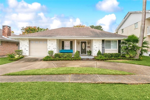 view of front of home with a front yard and a garage