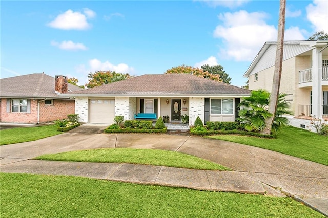 single story home featuring a front lawn and a garage