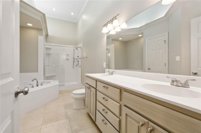 full bathroom with plus walk in shower, tile patterned flooring, crown molding, toilet, and vanity