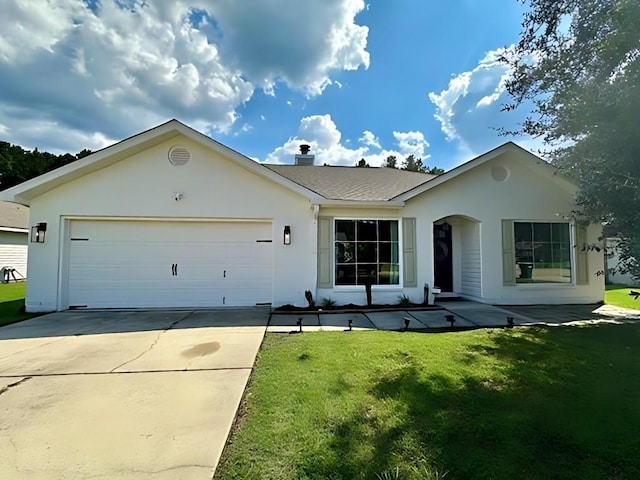 single story home featuring a front lawn and a garage