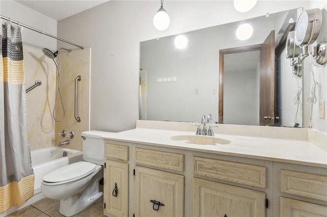 full bathroom featuring toilet, shower / tub combo, vanity, and tile patterned floors