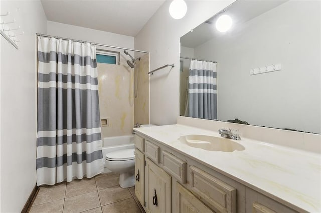 full bathroom with toilet, shower / bath combination with curtain, vanity, and tile patterned floors