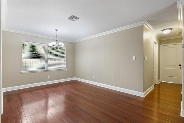 unfurnished room featuring a chandelier, dark wood finished floors, visible vents, and baseboards