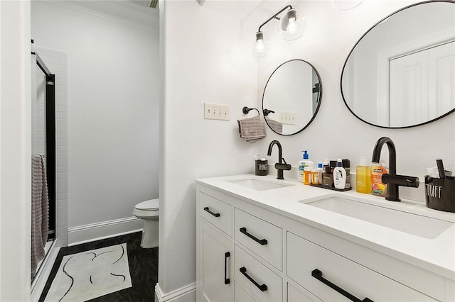 bathroom with a shower, vanity, hardwood / wood-style flooring, and toilet