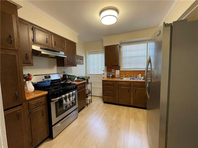 kitchen featuring crown molding, sink, light wood-type flooring, appliances with stainless steel finishes, and dark brown cabinetry