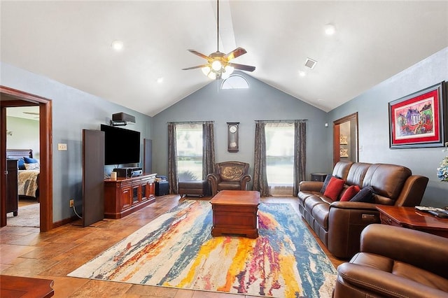 living room featuring high vaulted ceiling and ceiling fan