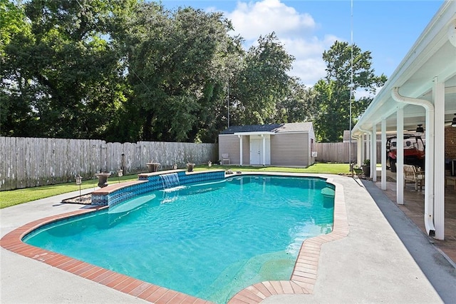3 S Lake Ct, Violet, LA 70092 - view of pool with a fenced backyard, a patio, a shed, and ceiling fan