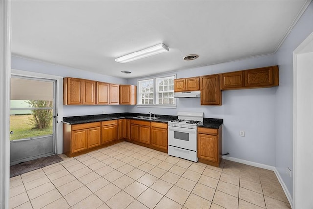 kitchen featuring crown molding, sink, light tile patterned floors, and white stove