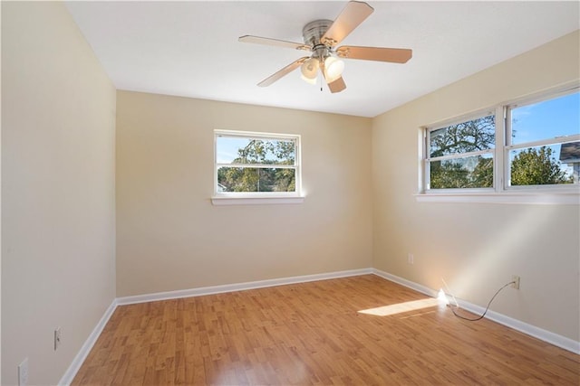 spare room with ceiling fan and light wood-type flooring