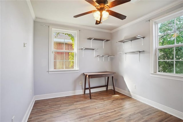 interior space with ceiling fan, ornamental molding, a healthy amount of sunlight, and light wood-type flooring