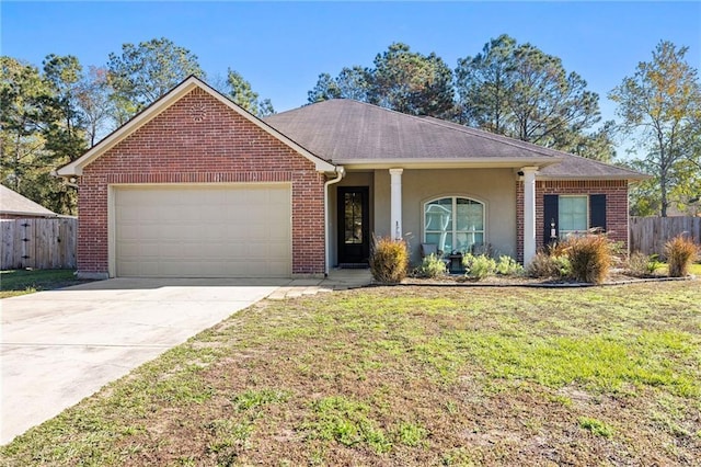 single story home featuring a front yard and a garage