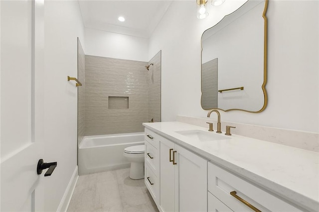 full bathroom with toilet, tiled shower / bath combo, tile patterned floors, and vanity