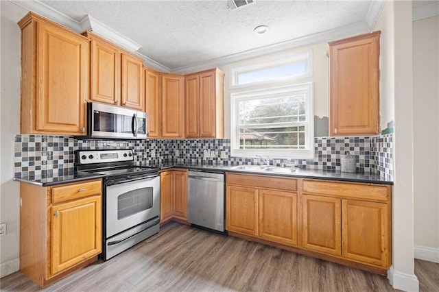 kitchen with appliances with stainless steel finishes, light wood-type flooring, backsplash, ornamental molding, and sink