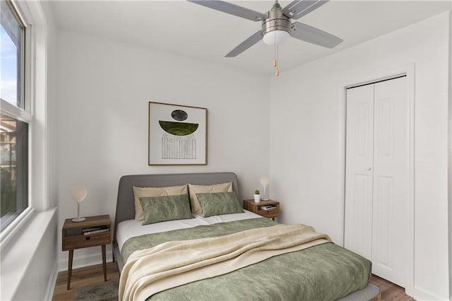 bedroom with wood-type flooring, a closet, and ceiling fan