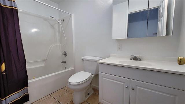 full bathroom with tile patterned floors, shower / bathtub combination with curtain, vanity, and toilet