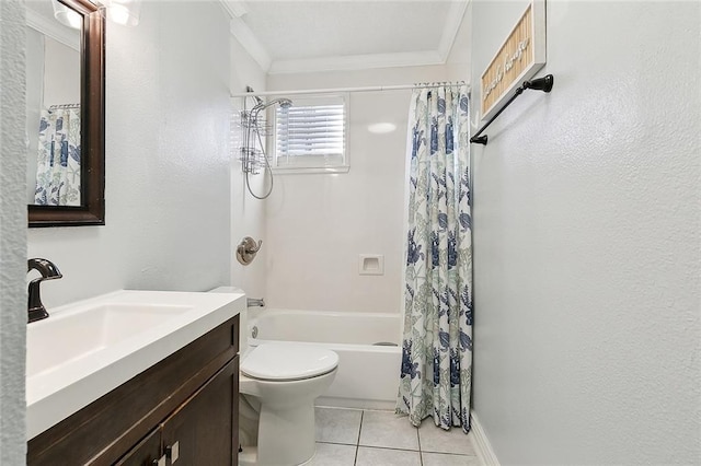 full bathroom featuring shower / bath combination with curtain, tile patterned floors, ornamental molding, vanity, and toilet