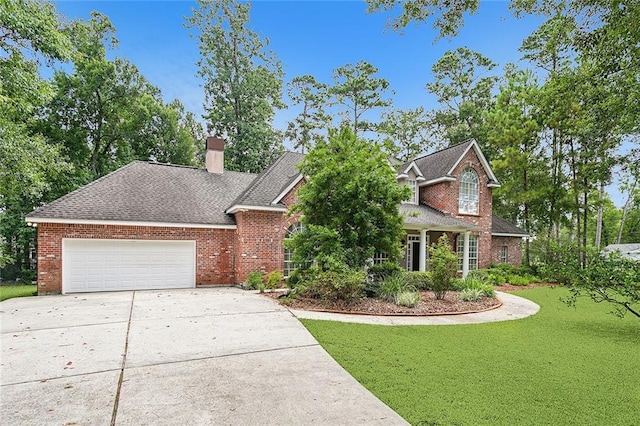 craftsman house with a garage and a front lawn