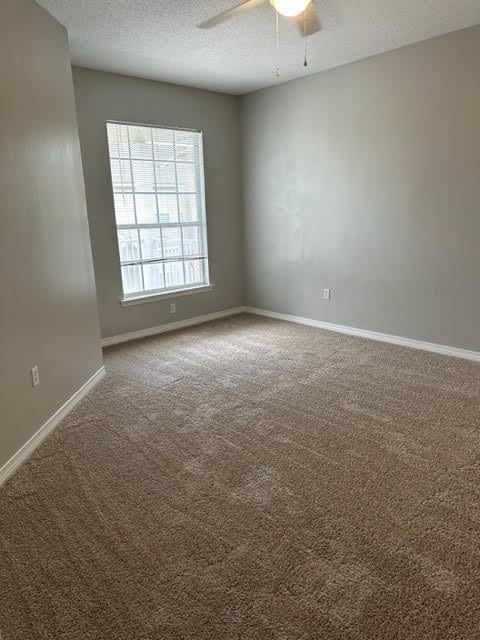 unfurnished room with ceiling fan, carpet, and a textured ceiling