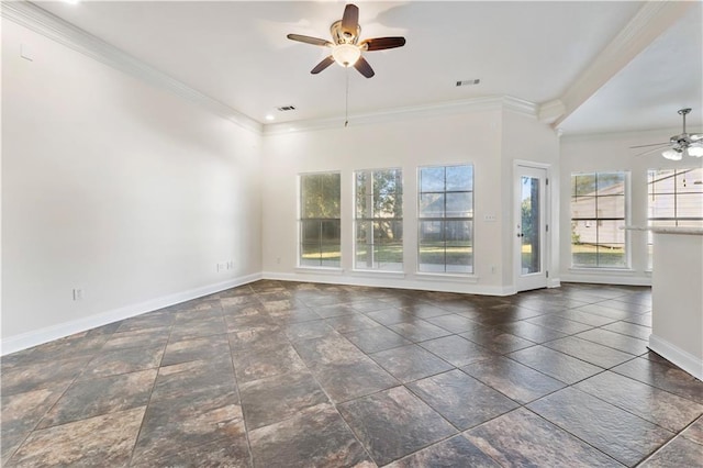 spare room featuring ceiling fan and ornamental molding