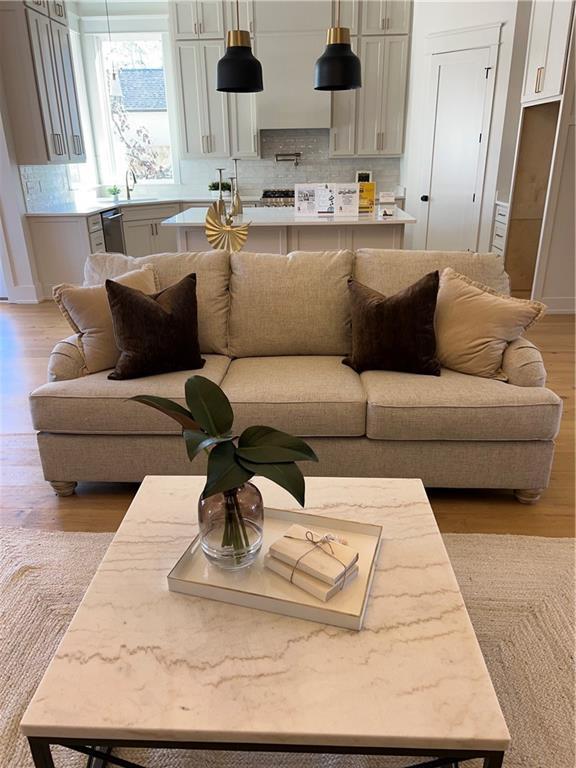 living room featuring sink and light hardwood / wood-style flooring