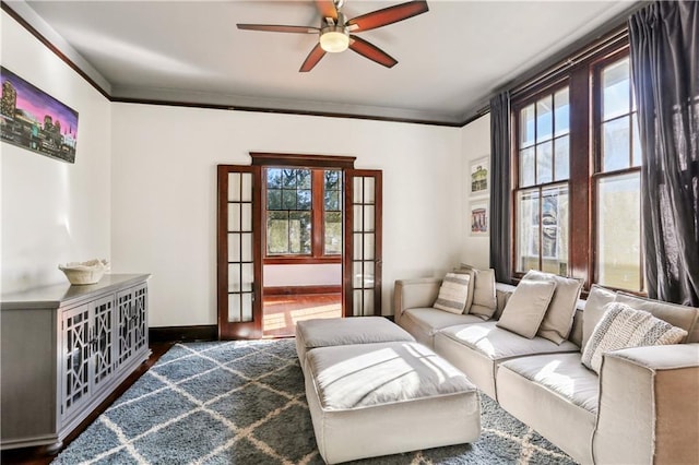 living room with french doors, dark hardwood / wood-style flooring, a wealth of natural light, and ceiling fan