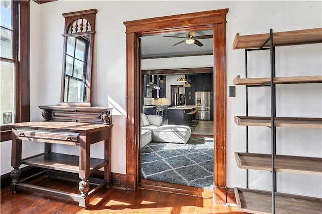 doorway with hardwood / wood-style floors and ceiling fan