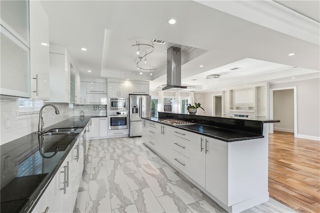 kitchen with a tray ceiling, island range hood, white cabinetry, and stainless steel appliances