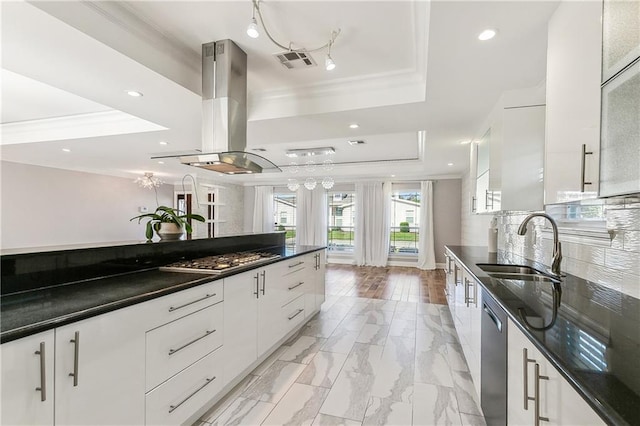 kitchen featuring white cabinets, a raised ceiling, sink, appliances with stainless steel finishes, and island exhaust hood