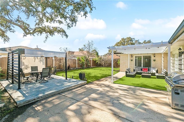 view of patio featuring outdoor lounge area and a pergola