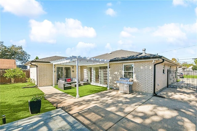 back of property with an outdoor hangout area, a pergola, a patio, and a yard